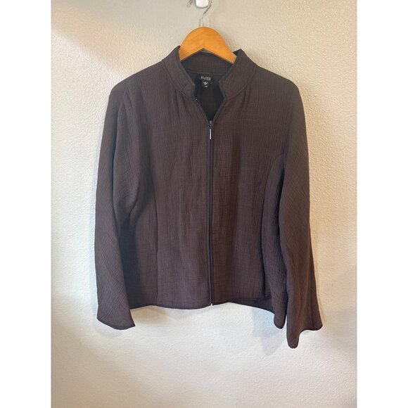 Eileen Fisher Womens XL Brown Textured Zip Front Jacket Crinkled Cotton Blend - Picture 1 of 7